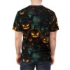Fiery jack-o'-lantern grins and scattered autumn leaves cover this 3D graphic t-shirt, depicting a spooky, moonlit forest scene with gnarled trees and glowing lanterns.