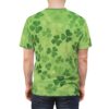 Green, overlapping shamrock shapes cover this seamless pattern tee, depicting festive foliage across a bright backdrop.