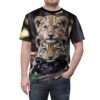 Golden lion tiger black panther cub portraits cover this all over print apparel, layered vertically on forest background.