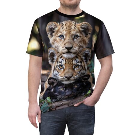 Golden lion tiger black panther cub portraits cover this all over print apparel, layered vertically on forest background.