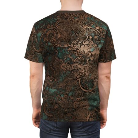 Teal and bronze ornate paisley patterns with mechanical gears and floral elements cover this patterned tee shirt.