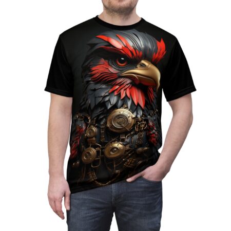 Black, red, and gold mechanical bird with gears and feathers cover this full print shirt.