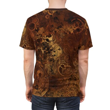 Browns and golds with intricate gears and clockwork designs cover this full print shirt, showcasing a detailed steampunk aesthetic.