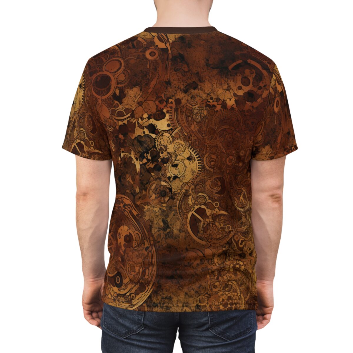 Browns and golds with intricate gears and clockwork designs cover this full print shirt, showcasing a detailed steampunk aesthetic.