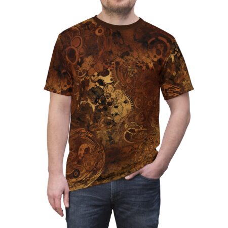 Earthy browns and metallic golds cover this patterned tee shirt, featuring intricate clockwork gears and mechanical elements.
