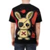 Red splatters and white dots cover this black graphic tee, featuring a stitched bunny with an eyepatch and red X.