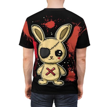 Red splatters and white dots cover this black graphic tee, featuring a stitched bunny with an eyepatch and red X.