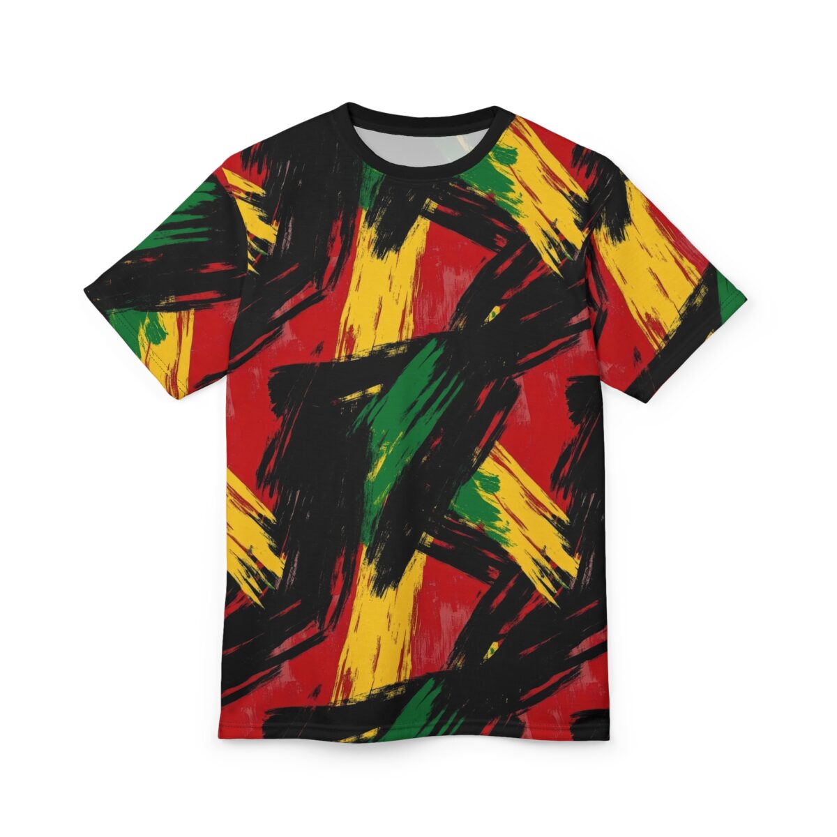Bold red, yellow, green, and black brush strokes create a dynamic, abstract pattern across this t-shirt.