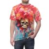 Vibrant reds, oranges, and blues swirl around a realistic skull, creating an abstract, psychedelic cloud.