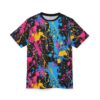 Streetwear aesthetic sublimation tee, black crewneck, neon pink, blue, yellow paint splatter all over print pattern.