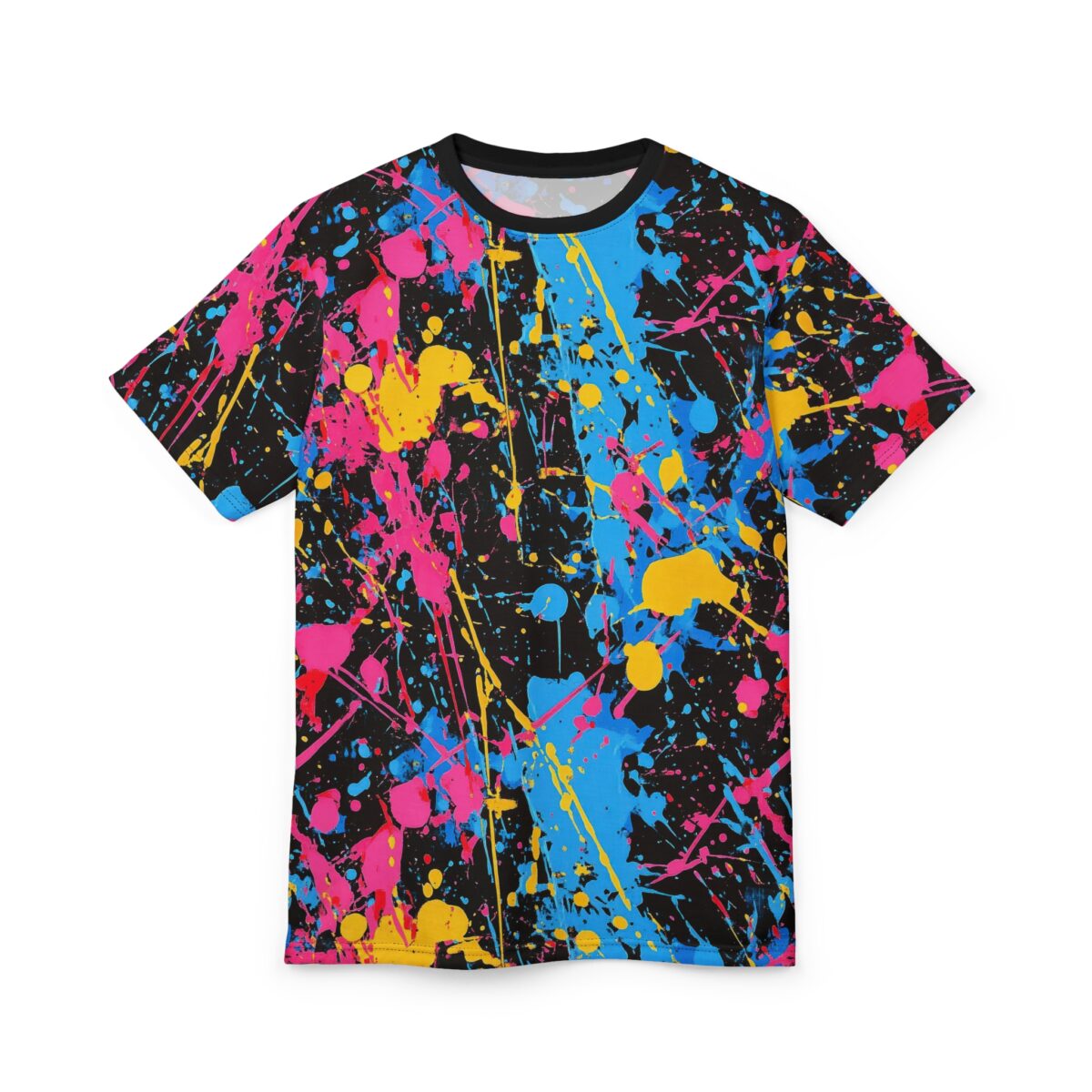 Streetwear aesthetic sublimation tee, black crewneck, neon pink, blue, yellow paint splatter all over print pattern.
