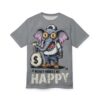 All over print t-shirt, distressed grey, cartoon elephant, dollar sign sunglasses, money bag, 'MONEY MAKES ME HAPPY' text, streetwear aesthetic.