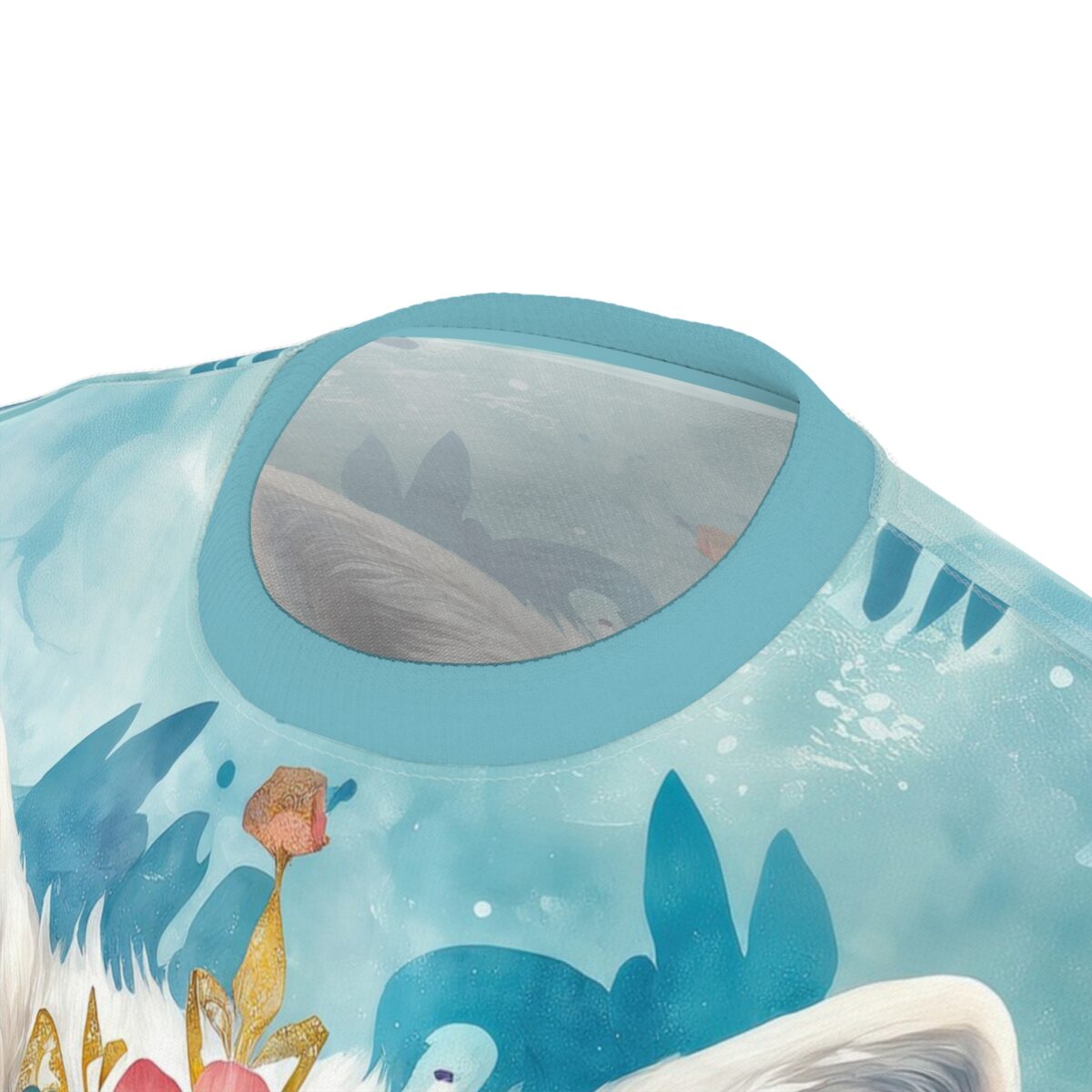 All over print sublimation tee featuring abstract whimsical floral and animal graphics on a blue background.