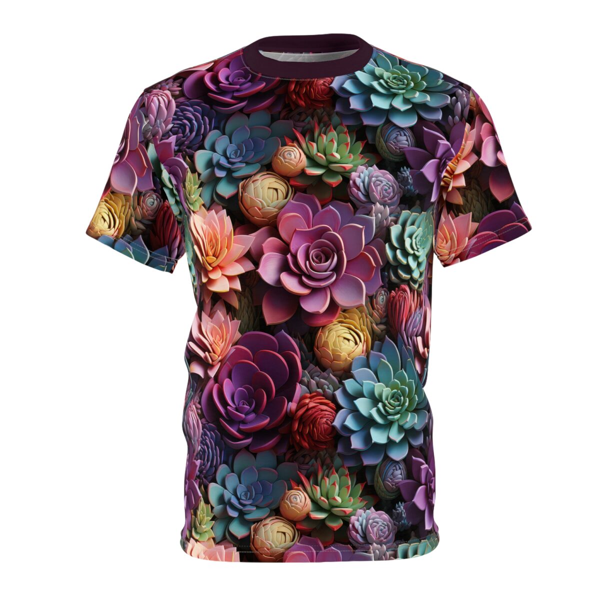 Deep purples, vibrant pinks, soft blues, and sunny yellows form dense clusters of succulents, creating a botanical tapestry across this sublimation graphic tee.
