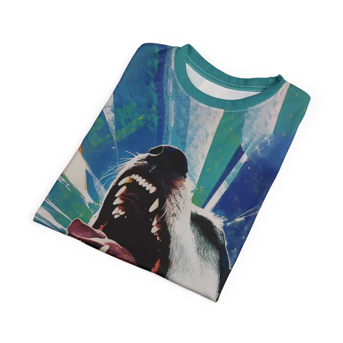 Bold blue and green abstract streaks, along with white lines, cover this 3D graphic t-shirt, depicting a dog with its mouth open.