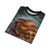 A t-shirt featuring a dark, eerie background with gnarled branches, and a detailed illustration of a double cheeseburger held by a creature's hand with long, dark fingernails. The burger has two juicy patties, melted cheese, lettuce, tomato, and onion.