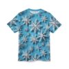 A light blue t-shirt with a repeating pattern of white 3D snowflakes.