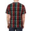Red, teal, and cream knit textures cover this full print shirt, with vertical cable knit patterns creating a cozy Christmas vibe.