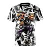 Cyber grunge all over print t-shirt, black and white abstract shapes, stylized orange monster graphic, purple pants, sublimation tee.
