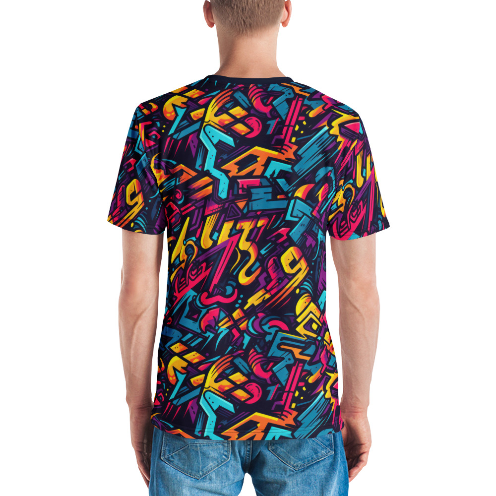 Bold blues, electric yellows, pinks, and deep purples, geometric shapes ,fluid lines cover this oversized full print tee