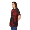 Bold black abstract strokes and a silhouetted musician with a guitar cover this red full print tee.