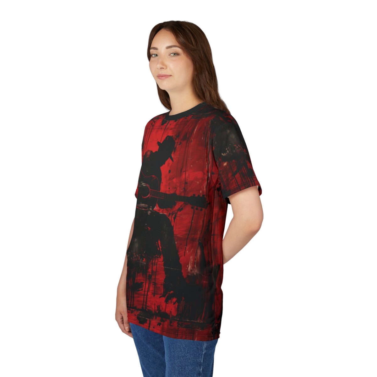 Bold black abstract strokes and a silhouetted musician with a guitar cover this red full print tee.