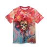 T-shirt features a detailed skull graphic amidst vibrant abstract floral elements in red, orange, yellow, and blue hues.