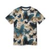 Teal and navy butterflies with cream and beige flowers cover this sublimation graphic tee, showcasing a vibrant nature-inspired design with layered petals and intricate wing details.