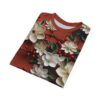 Cream flowers with red berry clusters and green leaves cover this all over print apparel, set against a rust-colored background.