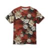Cream-colored flowers and red berries on a rust background cover this seamless pattern tee, with dark green leaves and thin branches.