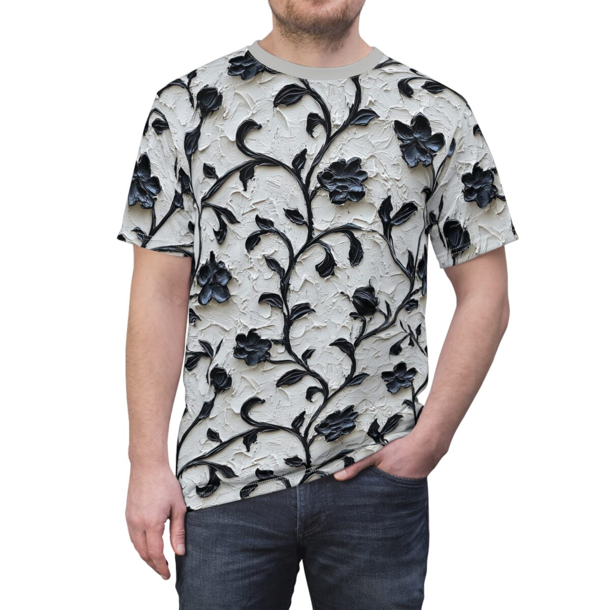 Black floral vines with textured petals cover this 3D graphic t-shirt on a white textured background.