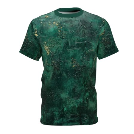 Deep emerald and gold textured brush strokes cover this seamless pattern tee, resembling an abstract oil painting with a distressed finish.
