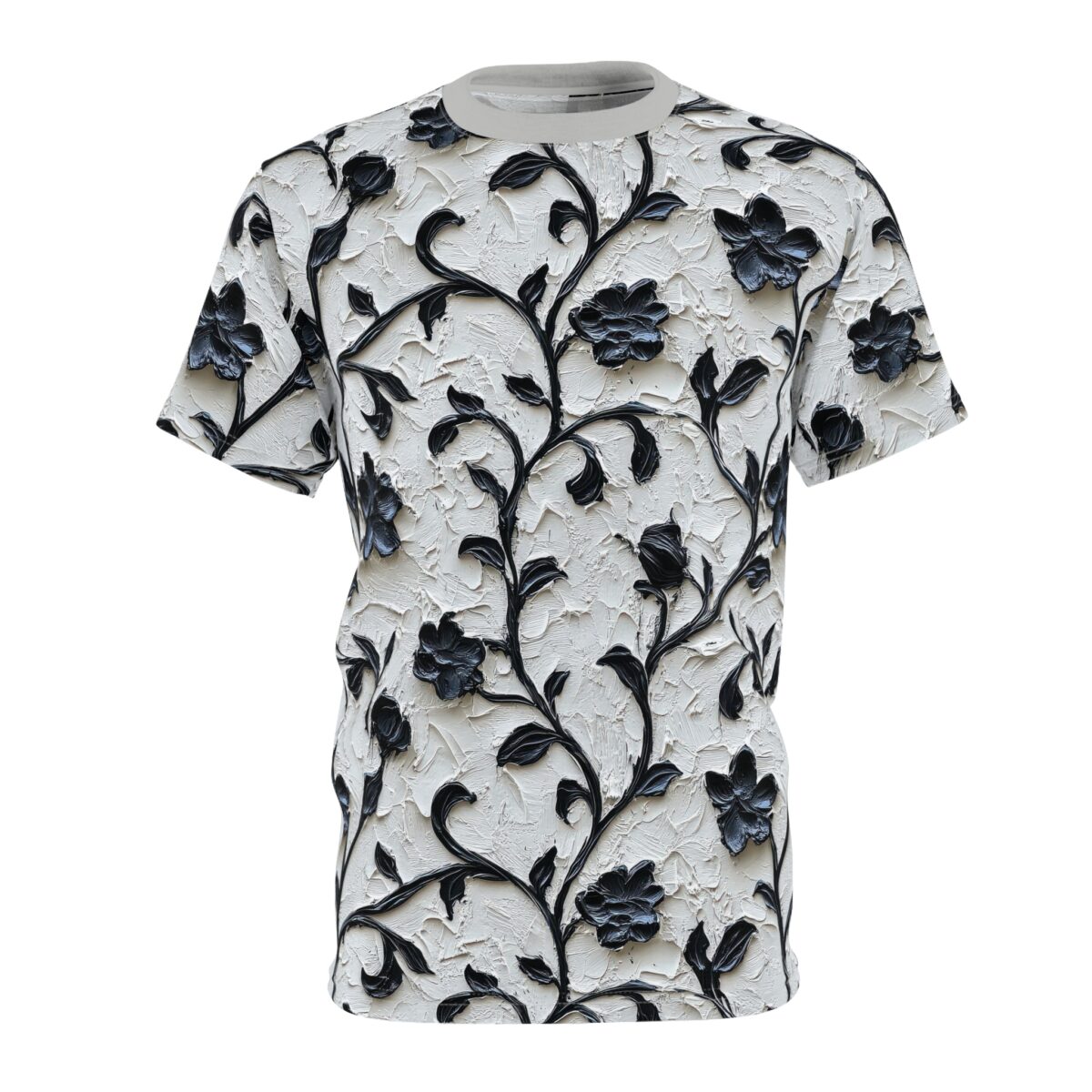 Black floral vines and textured white background cover this seamless pattern tee, creating a striking contrast.