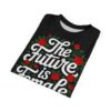 Red roses and green leaves surround white script reading "The Future Is Female" on this black tee.