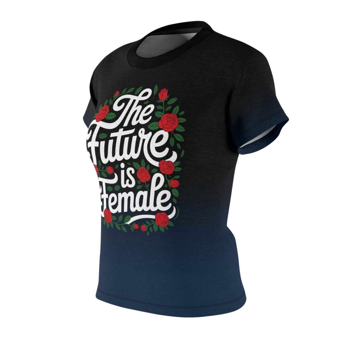 Feminist slogan tee with "The Future is Female" text and red roses. Features a gradient dark to light blue background.