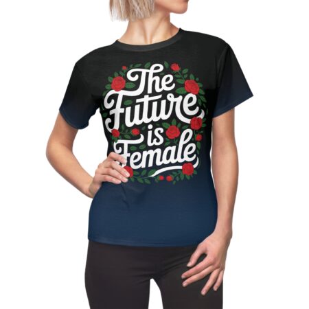 Feminist slogan 'The Future Is Female' surrounded by red roses and green leaves, graphic print t-shirt.