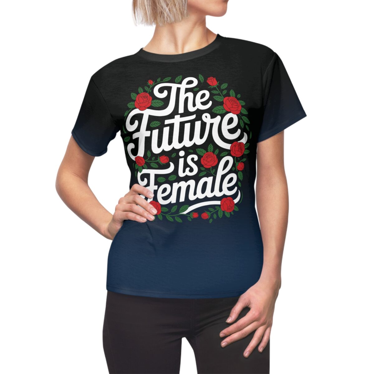 Feminist slogan 'The Future Is Female' surrounded by red roses and green leaves, graphic print t-shirt.