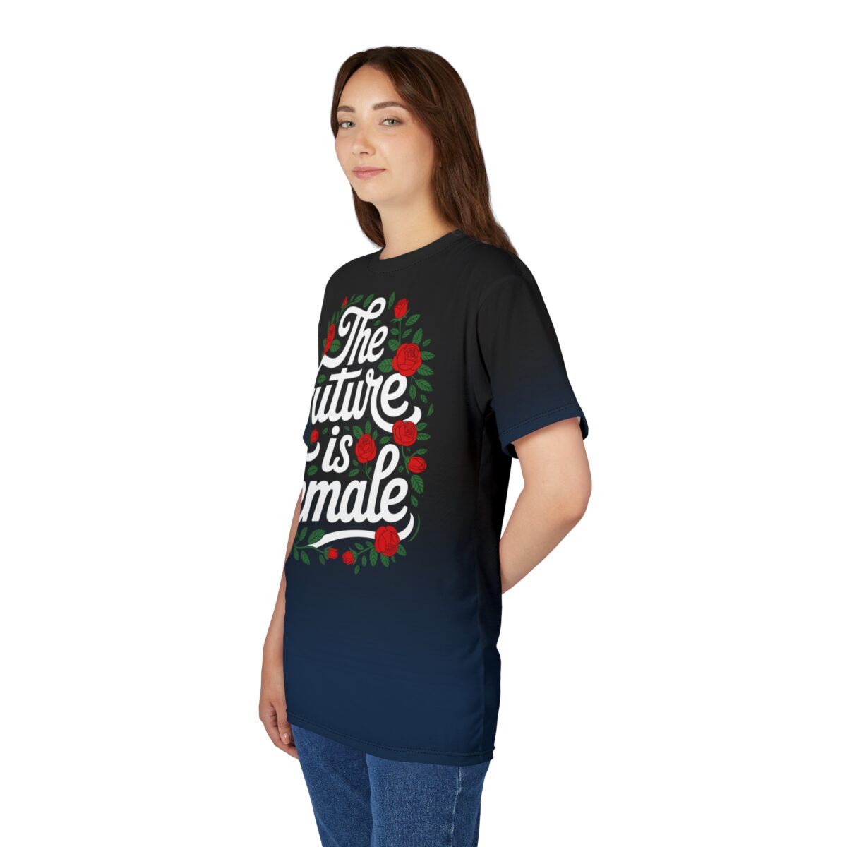Red roses and green leaves frame white calligraphy stating "The future is female" on this tee.