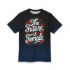 Red roses and green leaves form a wreath around white text that says "The Future is Female" on a black and navy gradient shirt.