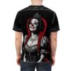 A black t-shirt featuring a dramatic illustration of a female clown wearing a crown and elaborate makeup, with bright red braided hair and a regal costume.