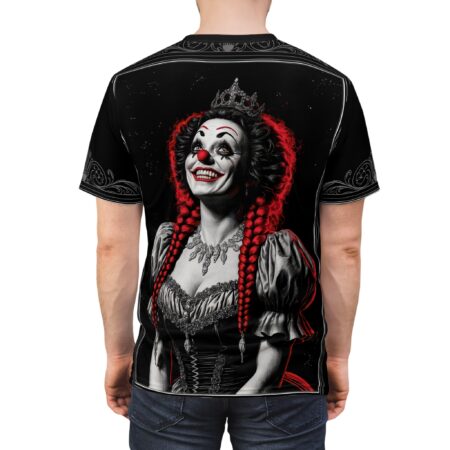 A black t-shirt featuring a dramatic illustration of a female clown wearing a crown and elaborate makeup, with bright red braided hair and a regal costume.