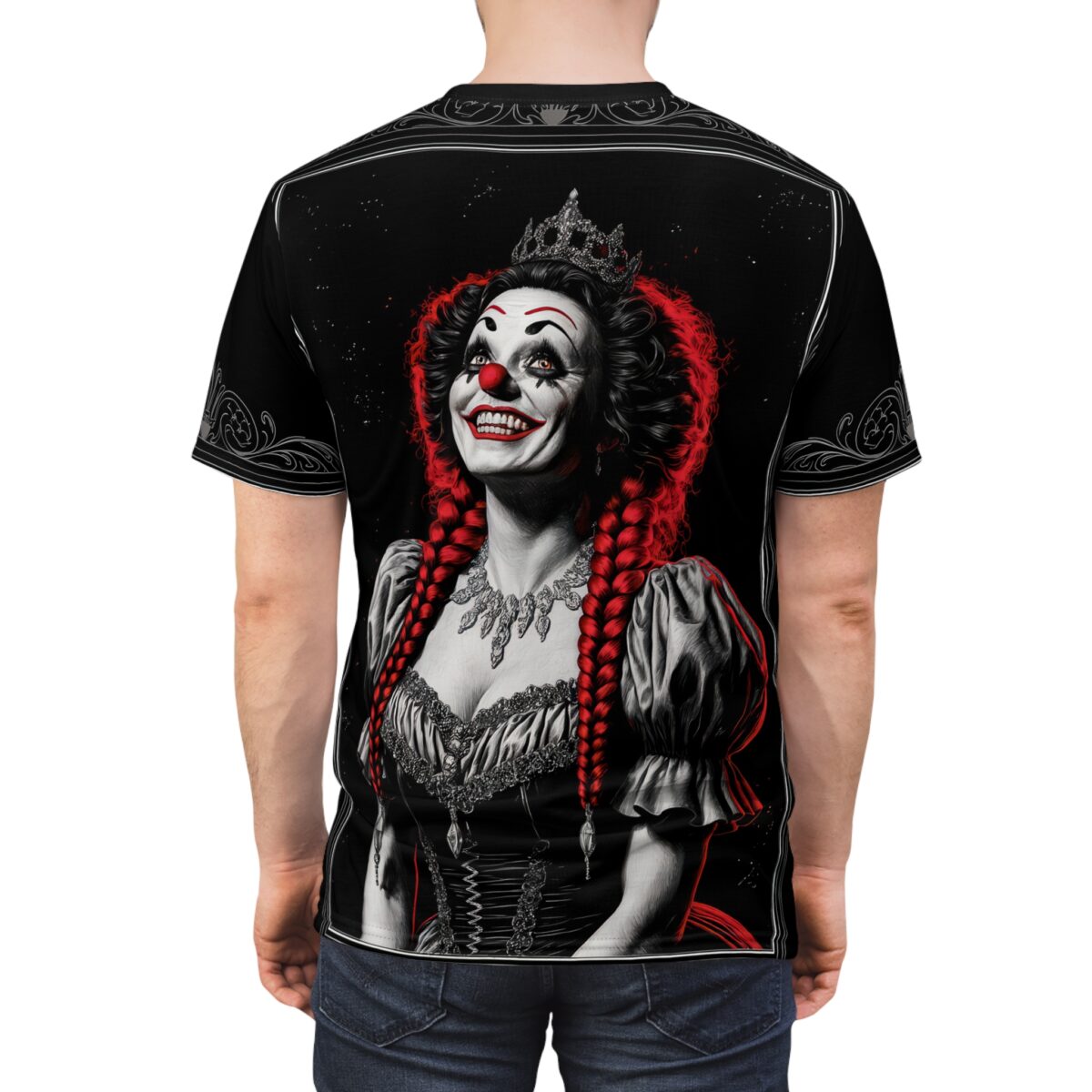 A black t-shirt featuring a dramatic illustration of a female clown wearing a crown and elaborate makeup, with bright red braided hair and a regal costume.