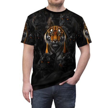 Black and orange tigers, some blurred, with glowing orange eyes, cover this sublimation graphic tee.