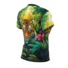 Tiger jungle all over print sublimation tee featuring vibrant tropical leaves and pink flowers.