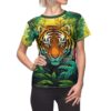 Vibrant tiger face and lush jungle foliage all over print sublimation tee, seamless wrap around graphic design.