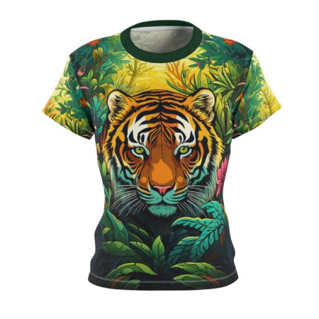 Close-up tiger face centered within a vibrant all over print jungle design, featuring lush green foliage and yellow sunlight.