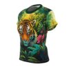Tiger face and lush jungle foliage all over print sublimation tee with vibrant green and orange colors.