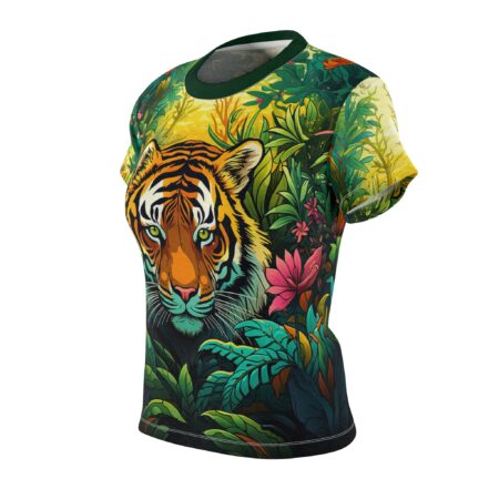 Tiger face and lush jungle foliage all over print sublimation tee with vibrant green and orange colors.