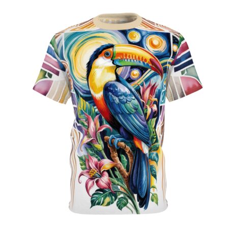 Bold geometric patterns and swirling blues and yellows cover this oversized full print tee, depicting a vibrant toucan perched amidst lush tropical foliage.