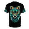 Teal, orange, and green geometric patterns adorn this full print shirt, depicting a stylized wolf's face with fiery accents on the sleeves.